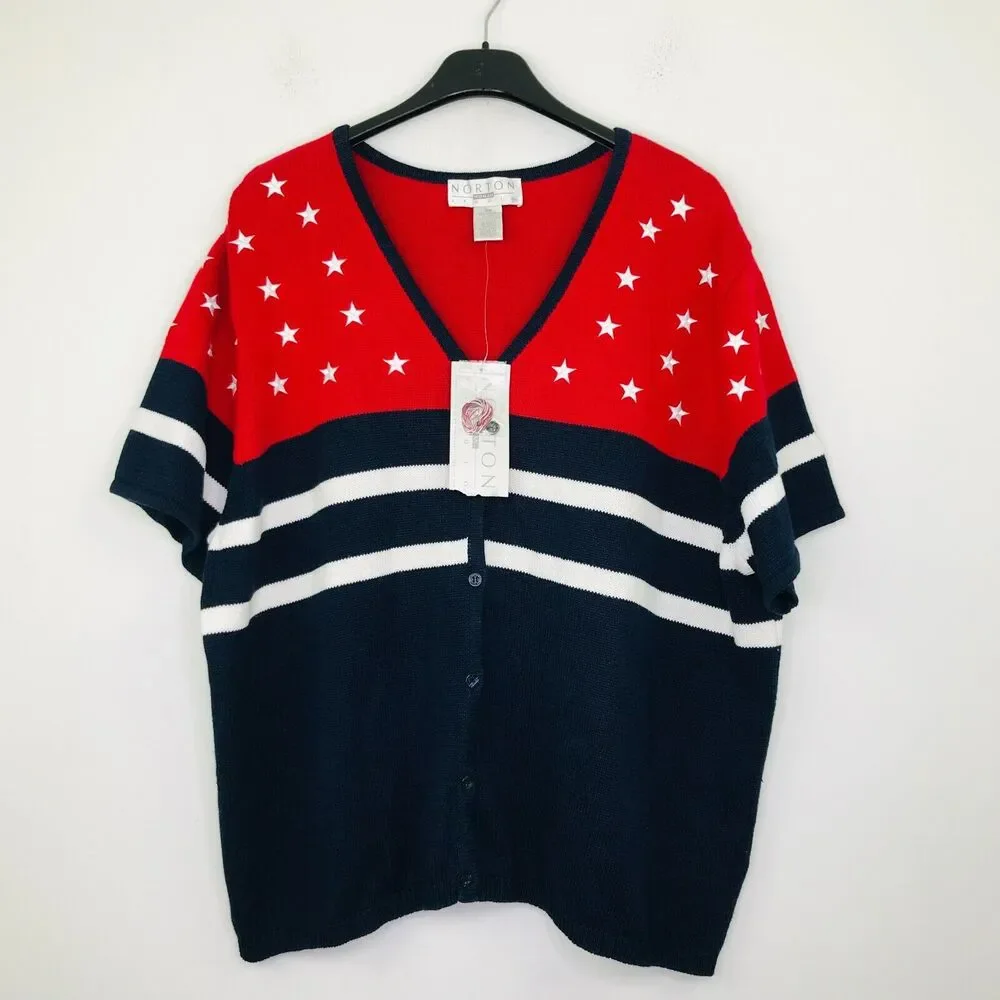 Norton Studio 3X Sweater Red Blue Stars Stripes Short Sleeve Patriotic NWT CG11